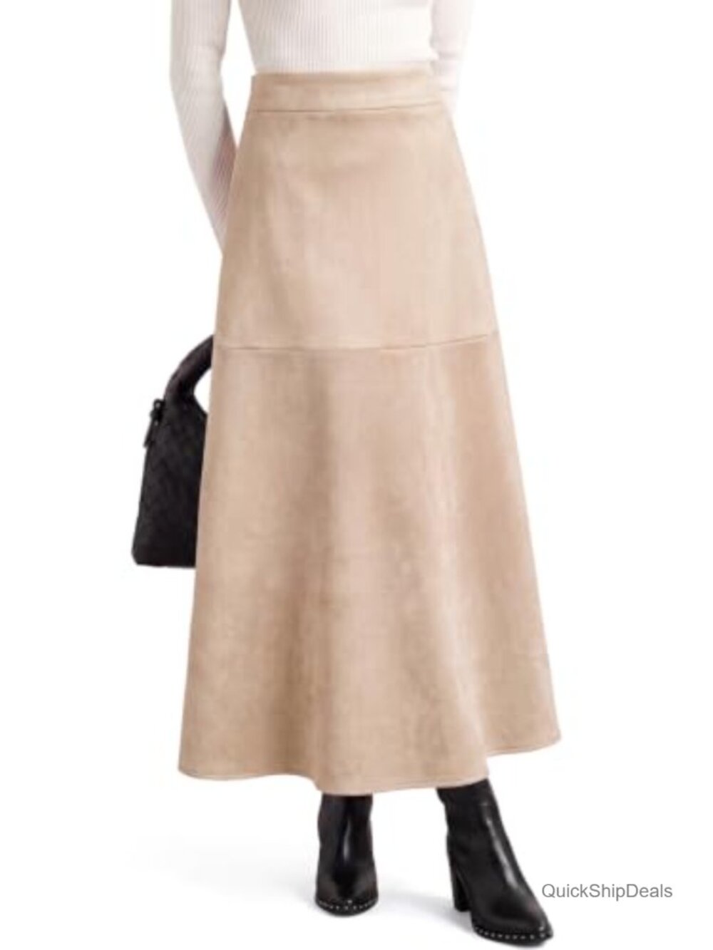 Faux Suede High Waist A-Line Maxi Skirt Hidden Zipper Pockets Vintage Flowy
